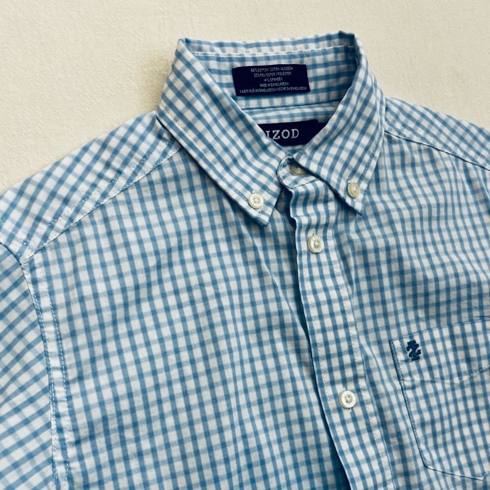 IZOD Classic Blue Gingham Button Down Shirt Boys Medium 10/12 Stretch Cotton
